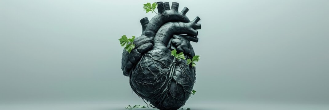 A striking image of a metal heart structure adorned with vibrant green leaves, symbolizing growth, nature, and resilience. This powerful visual evokes themes of transformation and organic beauty.