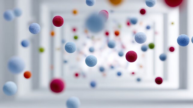 Colorful abstract spheres floating in a dynamic space, creating a sense of depth and movement, with a blurred background enhancing the visual experience of creativity and innovation