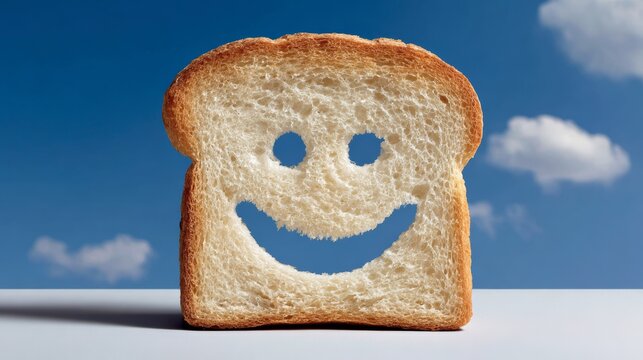 Slice of bread with a cheerful smiley face cutout, set against a bright blue sky with fluffy clouds, creating a whimsical and joyful atmosphere for creative projects
