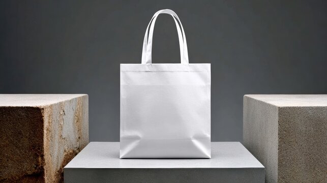 Blank white shopping bag displayed on a minimalist pedestal, surrounded by textured stone blocks, showcasing modern design and versatility for branding and promotional purposes