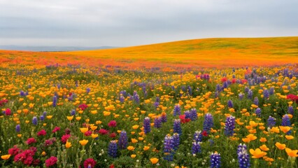 A vibrant field of wildflowers in full bloom during springtime