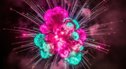 Vibrant Fireworks Explosion - Pink and Teal Burst Against Dark Background.