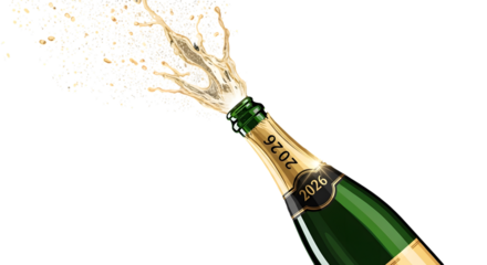 Champagne bottle explosion with bubbles isolated on transparent background