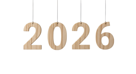 Wooden 2026 hanging on strings isolated on transparent background