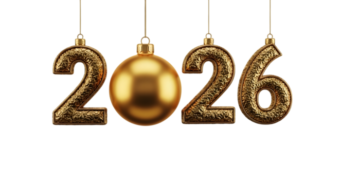 Golden 2026 new year ornament isolated on transparent background
