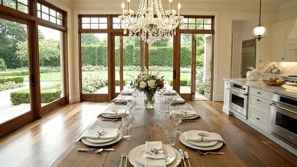Elegant dining room with a long table set for a formal meal, overlooking a lush garden