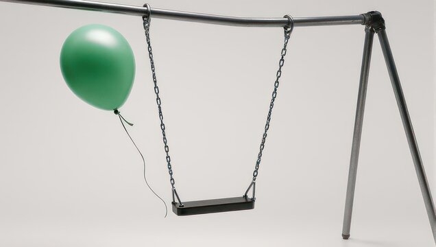 Green Balloon Floating Near an Empty Swing Set Against a Plain White Background.