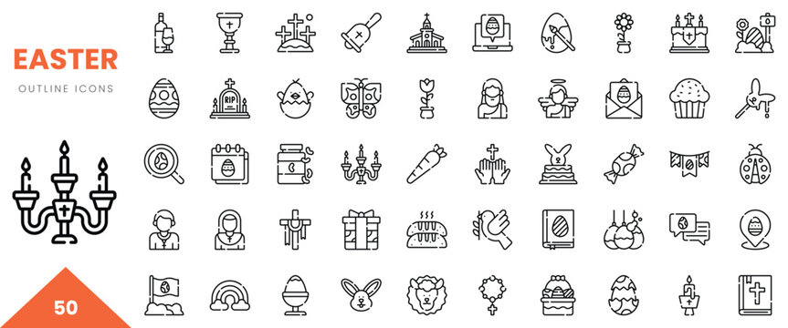 A collection of 50 outline icons representing Easter traditions and symbols.
