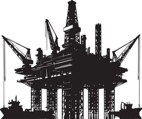 Offshore Oil Rig Silhouette with Supply Vessel Vector Illustration Graphic .eps
