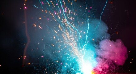 Explosive Burst - Vivid Blue and Pink Sparks in Dark Space, Dynamic Energy.