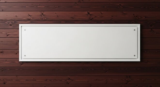 Blank white rectangular sign mounted on a dark wooden background
