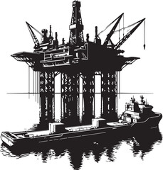 Offshore Oil Rig Silhouette with Supply Vessel Vector Illustration Graphic .eps
