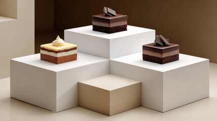 Three elegant dessert cakes displayed on geometric white pedestals, showcasing rich textures and colors, with a minimalist background emphasizing the gourmet presentation and artistry of confectionery