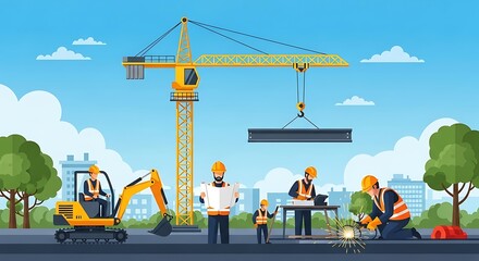 Naklejka premium Construction Site Scene with Workers and Heavy Machinery Illustration.