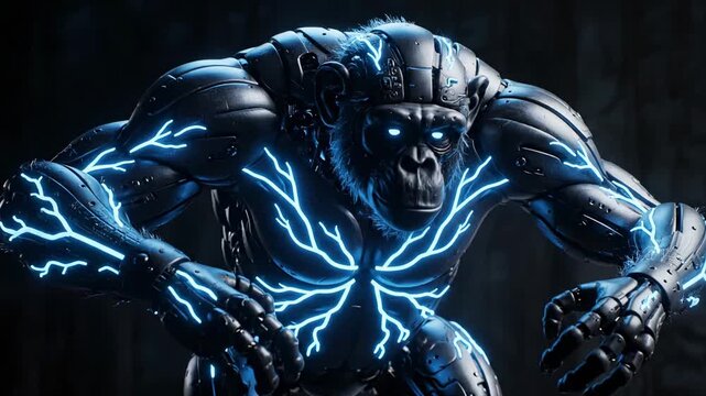 A muscular ape cyborg with glowing blue energy veins is revealed