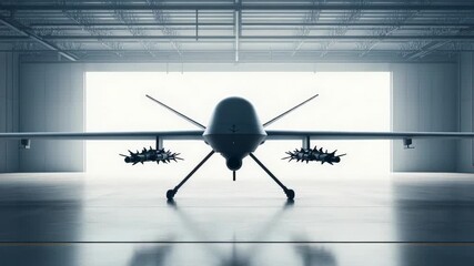 Video A large military plane sits inside a hangar, available for various uses such as aviation events or displays