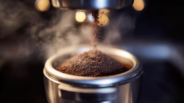 portafilter. Close-up of freshly ground coffee falling into a metal filter with rising steam. bar promotions, beverage menus, designed for product packaging and bar promotions.