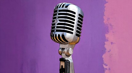 Vintage microphone with a polished chrome finish, set against a vibrant purple background, capturing the essence of music and performance in a stylish artistic representation