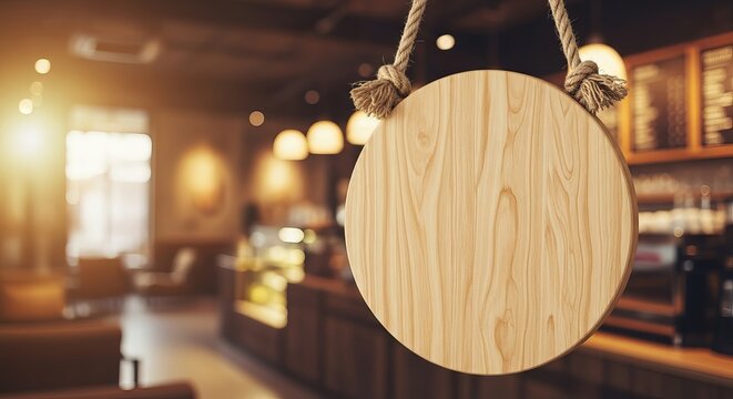 Blank wooden oval sign hanging in a cozy coffee shop interior with warm lighting