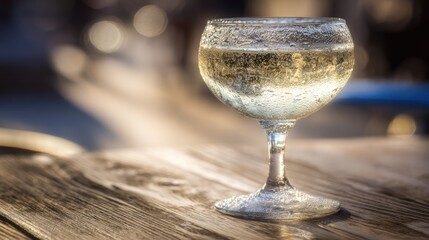 torrontes. Glass of chilled Torrontes wine with condensation on a wooden surface, soft bokeh background. bar promotions, beverage menus, designed for product packaging and bar promotions.
