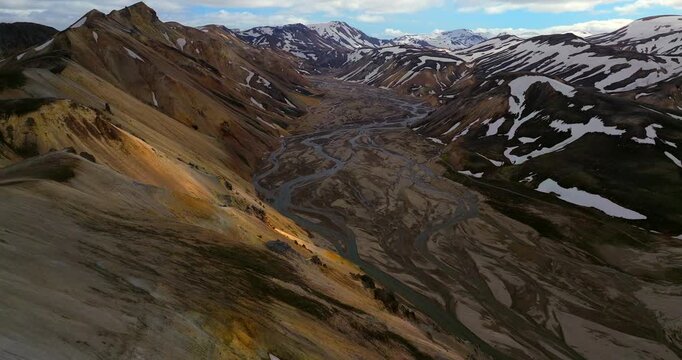 Cinematic drone footage soars over the vibrant rhyolite mountains of Landmannalaugar, revealing braided rivers and rugged volcanic ridges that create one of Iceland&rsquo;s most surreal and colorful natural