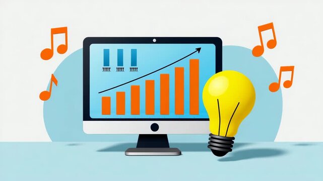 3D Computer Screen Displaying Financial Growth Chart with Glowing Lightbulb and Musical Notes