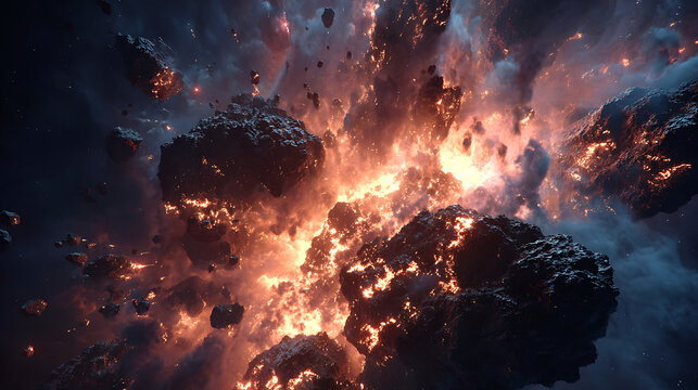 Fiery asteroid collision in cosmic nebula asteroids explosion