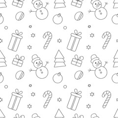 A seamless minimal Christmas line-art holiday pattern with cute doodles of snowmen, candy canes, trees, stars, and gift boxes in thin black outlines on transparent background for modern design project
