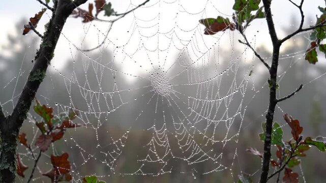 Dewdrops adorn intricate spiderweb strung between tree branches in misty morning.