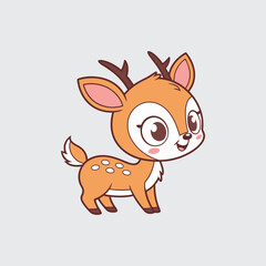 Cute Fawn Cartoon Illustration with Antlers Standing on Light Gray Background Vector Art with Outlines in Kawaii Style as Wildlife Animal for Children's Design