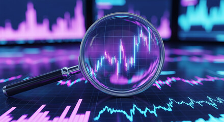 Magnifying glass over a glowing financial stock market data chart