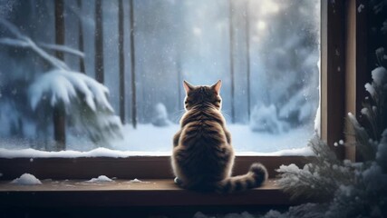 Tabby cat sitting on windowsill looking out at snowy winter landscape, frozen pane, snow falling on forest