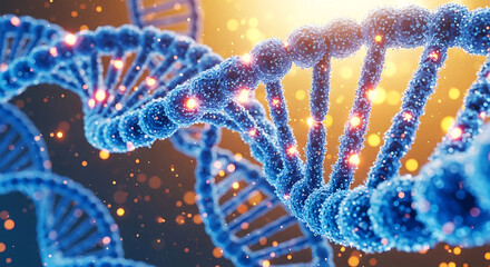 Closeup digital rendering of a glowing blue dna double helix structure