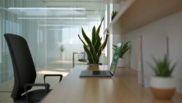 Bright and modern office space with desk plants and natural light