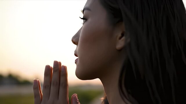 Asian woman praying outside at sunset. Faith and spirituality concept with a hopeful mood. Perfect for religion, meditation, and wellness content