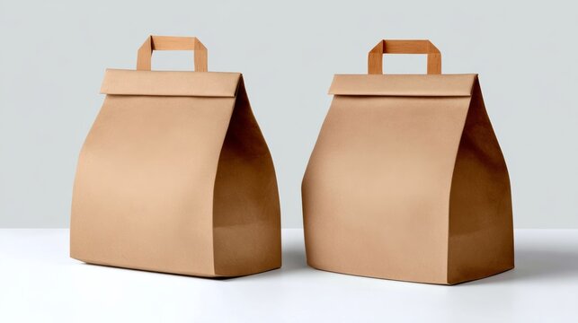 Two brown paper lunch bags with handles, positioned on a clean white surface, showcasing minimalist design and eco-friendly packaging for food storage and takeaway options