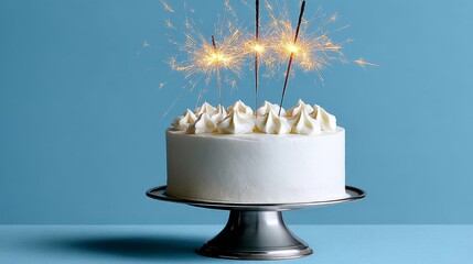 Celebration cake with white frosting and decorative piping, topped with sparklers, displayed on a silver cake stand against a vibrant blue background, perfect for festive occasions and joyful moments