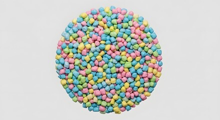 Overhead view of many small pastel colored mini marshmallows arranged tightly into perfect circular shape on white background