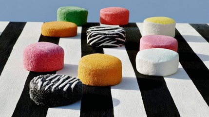Colorful round confectionery treats arranged on a striped surface, showcasing vibrant textures and playful designs, perfect for dessert lovers and culinary enthusiasts seeking inspiration
