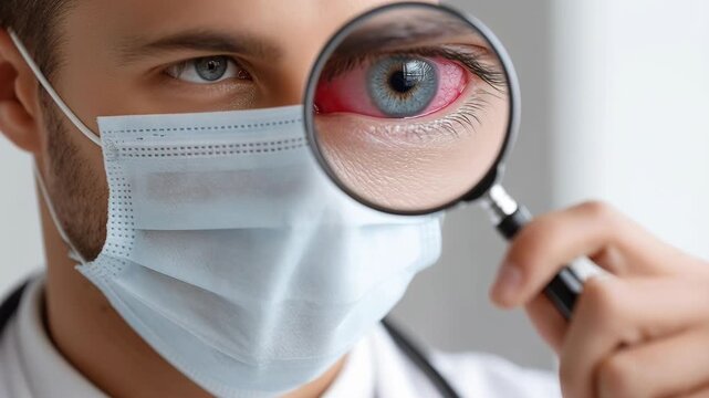 A masked medical professional closely examines a patient's severely inflamed and red eye with a magnifying glass, focusing on eye health.