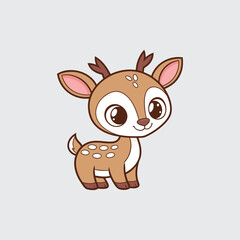 Lovely Cartoon Fawn Vector Illustration with Big Eyes and Small Antlers Isolated on Grey Background Adorable Baby Deer Character Design for Greeting Card