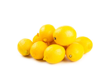 Lemon isolated on white background. Lemon fruits with a slice. Fresh lemon fruits with citrus leaves. Lemon juice. Pattern. Space for text.