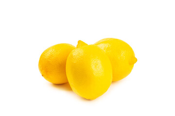 Lemon isolated on white background. Lemon fruits with a slice. Fresh lemon fruits with citrus leaves. Lemon juice. Pattern. Space for text.