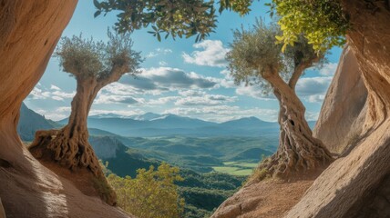 Framed view of a lush green valley and distant mountains through ancient trees