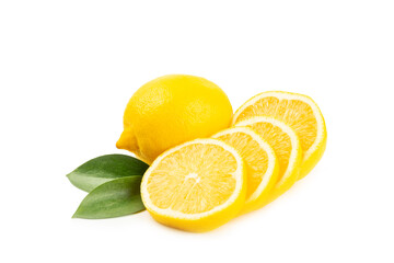 Lemon isolated on white background. Lemon fruits with a slice. Fresh lemon fruits with citrus leaves. Lemon juice. Pattern. Space for text.