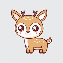 Cute Cartoon Fawn with Antlers Vector Illustration Adorable Deer with White Spots and Big Eyes Standing on Light Gray Background Lovely Smiling Character