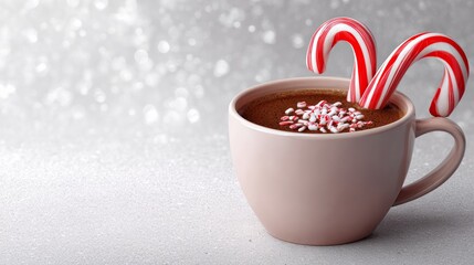 Hot chocolate in a pink mug topped with colorful sprinkles and festive candy canes, set against a shimmering silver background, creating a cozy holiday atmosphere perfect for winter celebrations