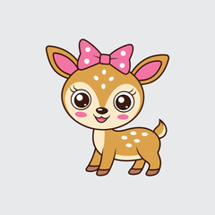 Cute Cartoon Deer with Pink Bow Vector Illustration Adorable Fawn with White Spots and Big Eyes on Light Gray Background Smiling Character for Children