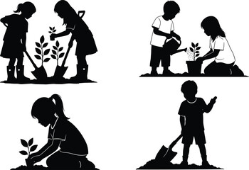 Obraz premium Kids Gardening Silhouette Collection; Children Planting, Watering, and Caring for Saplings; Ecology, Nature, Environment Protection, and Education Graphic Set; Black Vector Illustration.