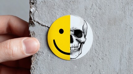 Hand holding a round badge featuring a split design of a smiling face and a skull, symbolizing the contrast between joy and mortality, set against a textured concrete background